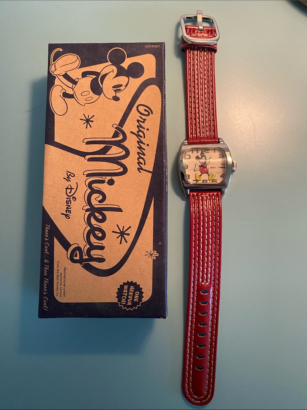 Vintage NWOT Disney Red Strap Mickey Mouse Wristwatch with Box.